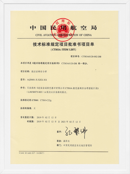 凌海WilliamHill威廉希尔CTSOA项目单-航空座椅安全带